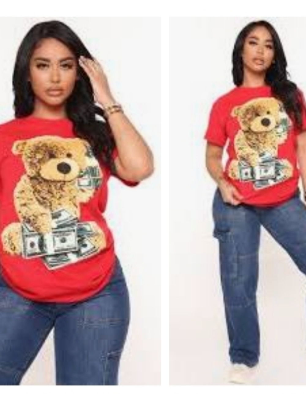 Fashion Nova Red Tee with Yellow Teddy Bear Graphic